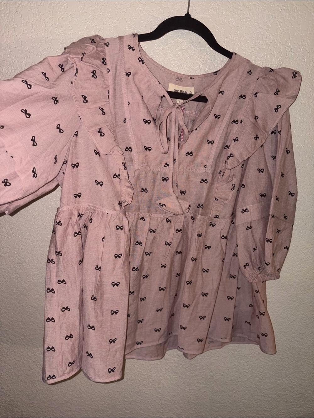 🎀NWT Umgee "Bow🎀 Babydoll Blouse w/3/4 Puff Sleeves w/Ruffles” Mauve💗Black🖤Small - Picture 8 of 14